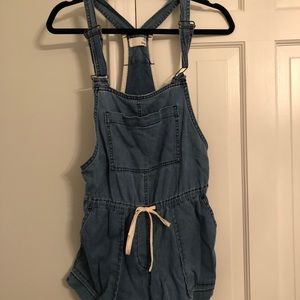Faux denim overalls
